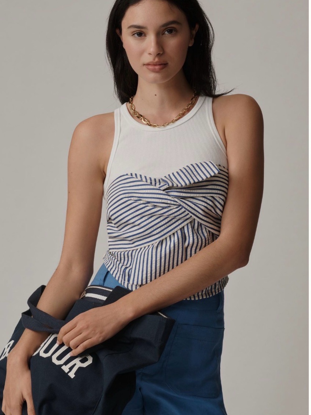 Striped Twist-Front Ribbed Tank Top - White & Navy Anthropologie size M
